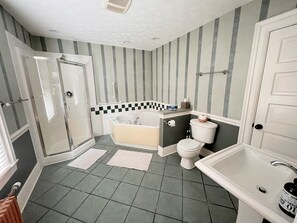 Jetted bath, hair dryer, towels, soap