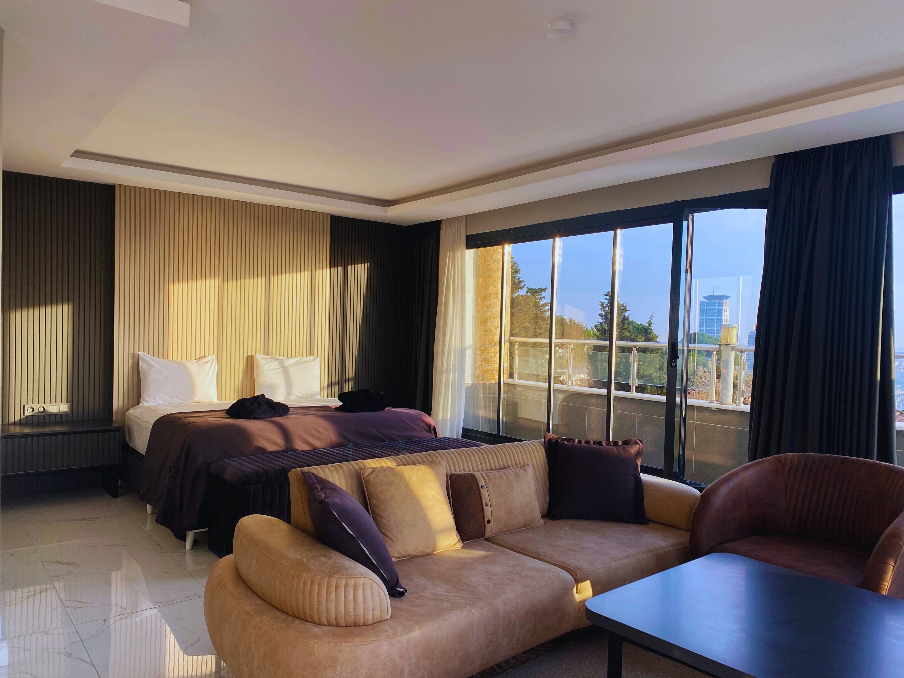 Sábanas de algodón egipcio, ropa de cama de alta calidad y minibar 