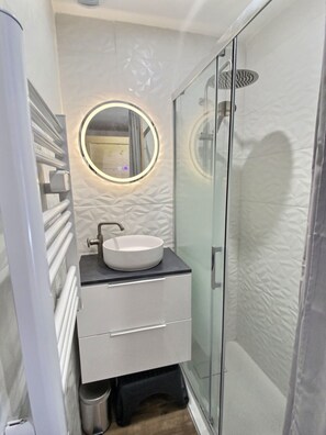Regadera, secadora de cabello, papel de baño 