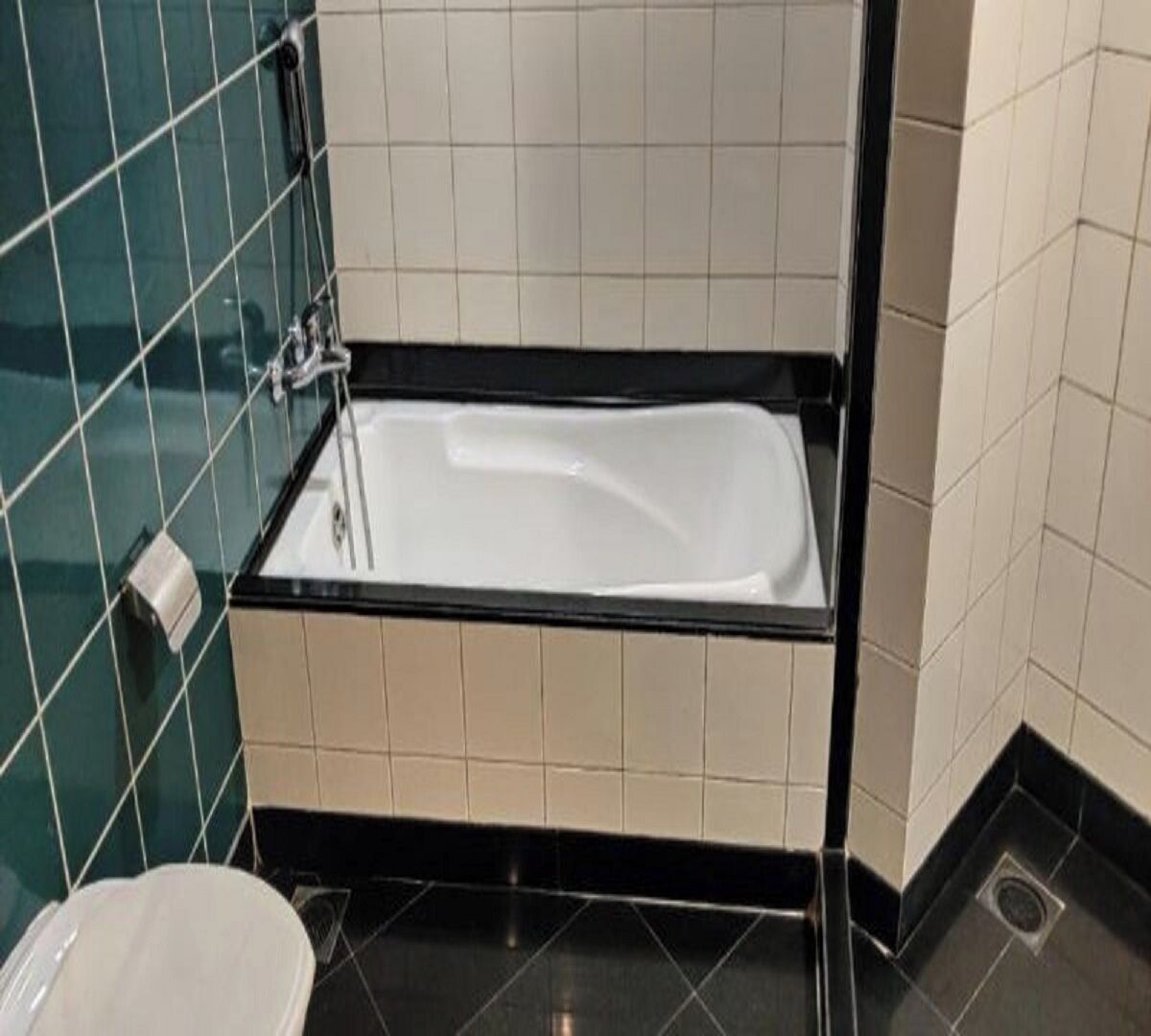 Une salle de bain équipée d’une baignoire, de toilettes et d’un sèche-mains.