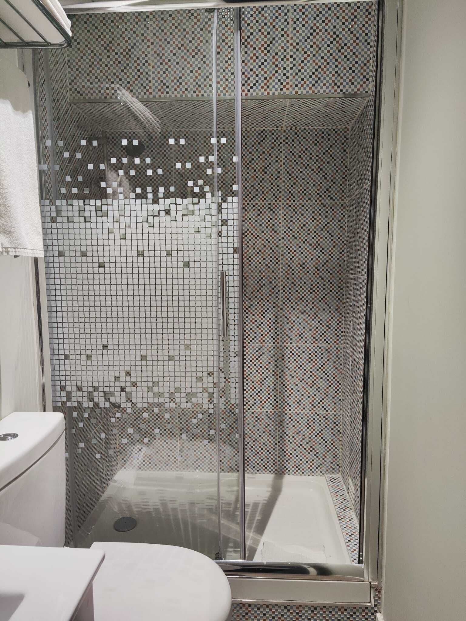 A bathroom with a shower enclosure featuring a mosaic tile design.