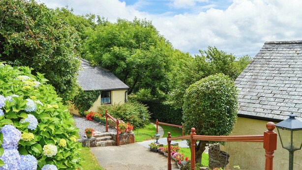 A stone pathway leading to a traditional cottage with a thatched roof, surrounded by lush greenery and flowering plants. - Shipload Cottage (Bideford)