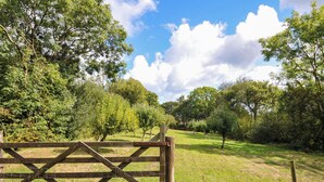 A wooden gate in a lush green landscape with trees and a clear sky.