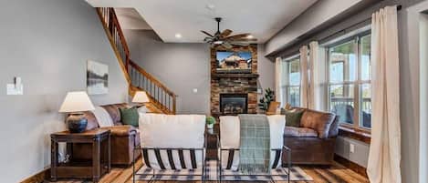 TV, fireplace, video games, DVD player