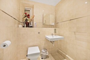 Hair dryer, towels, soap, shampoo