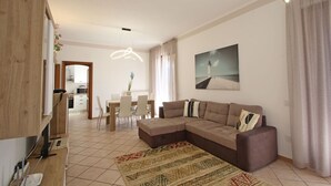 Un salon moderne avec un canapé d’angle, un coin repas comprenant une table et des chaises, et une cuisine en arrière-plan.