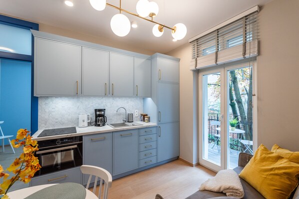 Leilighet – deluxe | Eget kjøkken | Kjøleskap, kokeplater, vannkoker og kjøkkenutstyr