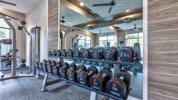 Ett gym med utrustning för styrketräning, inklusive hantlar och en bänkpress.