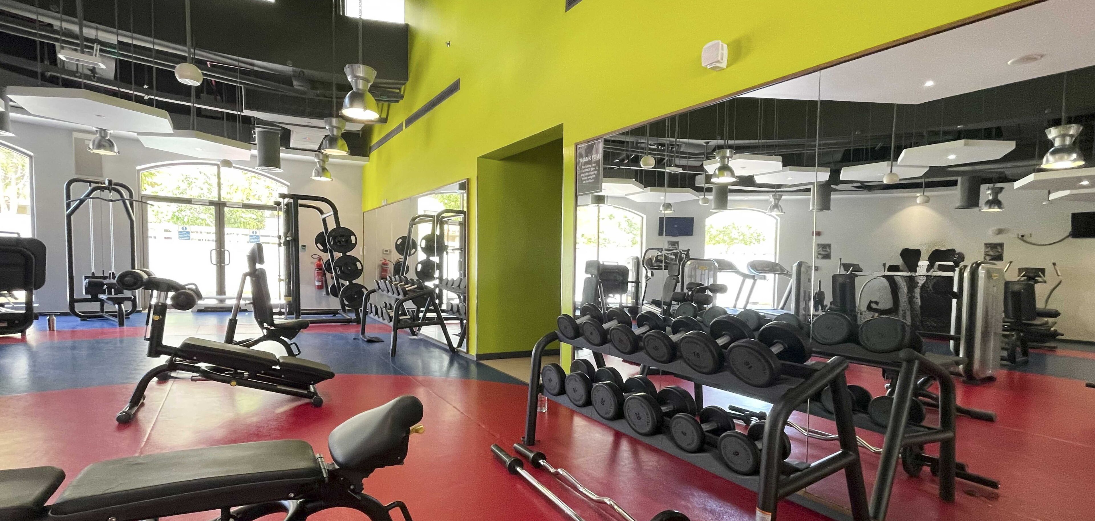 Un gimnasio con diversos equipos de ejercicio, incluyendo pesas y máquinas de pesas.