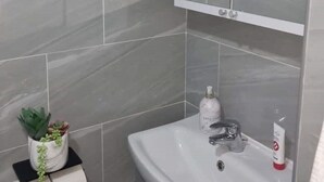 Un bagno con piastrelle in marmo grigio, un lavandino bianco, uno specchio sopra il lavandino, un piccolo ripiano con una pianta e articoli da toilette, e un porta carta igienica.