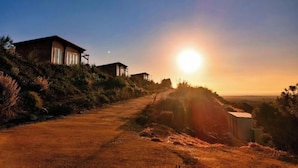 Une vue au coucher du soleil sur une propriété rurale, avec un chemin de terre menant à une maison entourée de végétation.