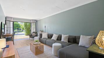 Smart TV, fireplace, books