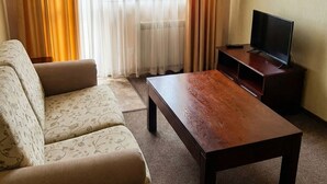 A living room with a sofa, a coffee table, a television on a stand, and a window with curtains. - Mountain Paradise 2 - Cosy Mountain View Apartment - 200mbps Wifi (Bansko)