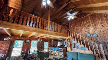 TV connectée, cheminée, livres