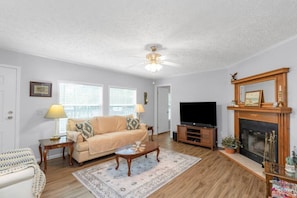 智能电视、壁炉、DVD 播放器、书