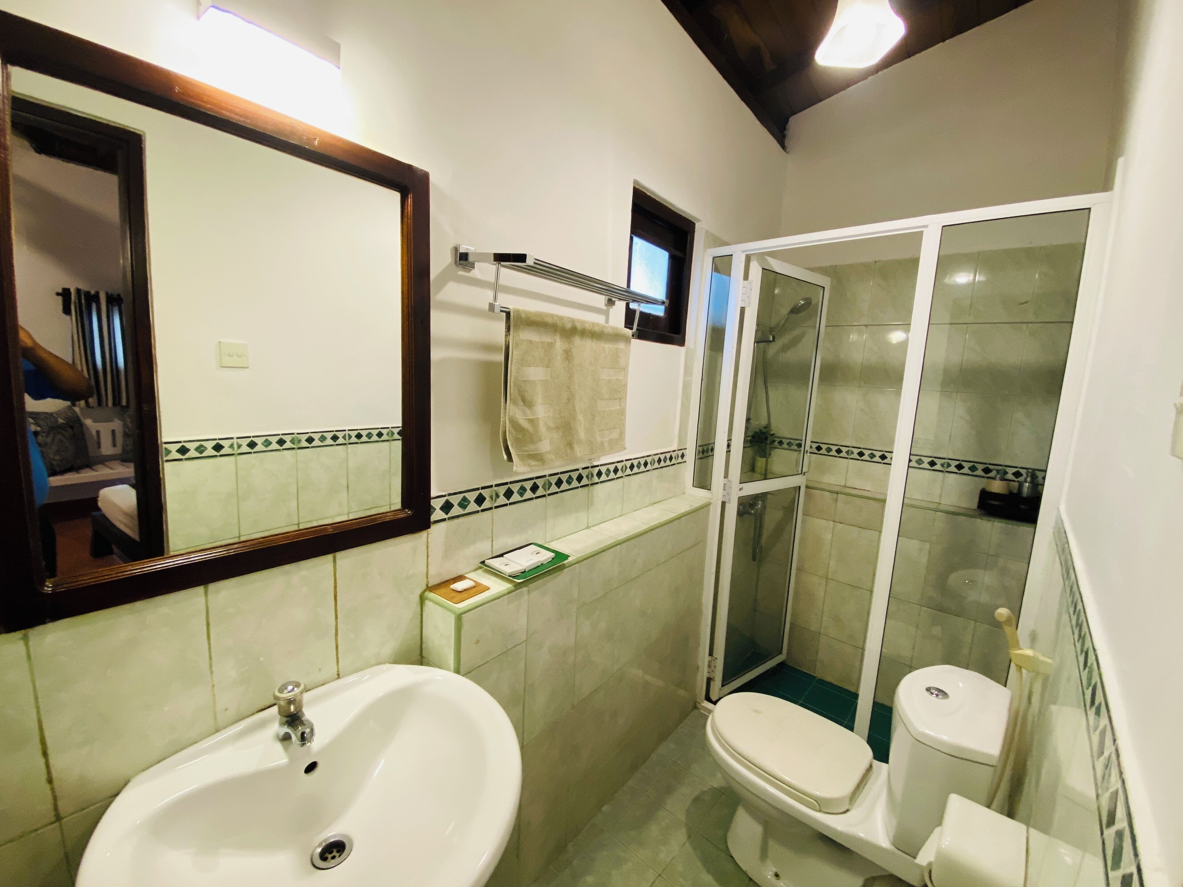 A bathroom with a sink, toilet, and shower.