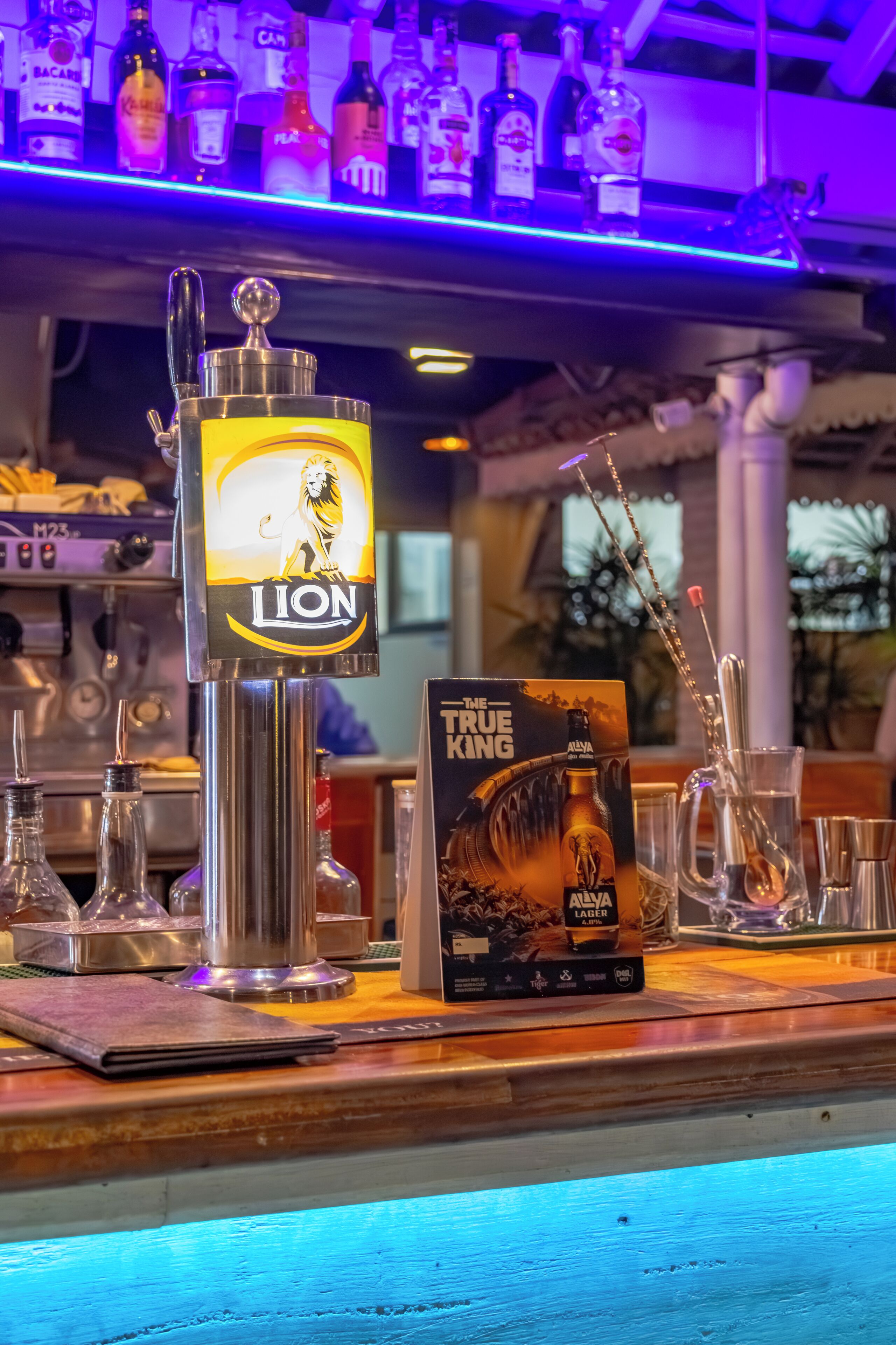 A bar area with a beer tap labeled 'LION,' a beer bottle, and a menu titled 'The True King.'
