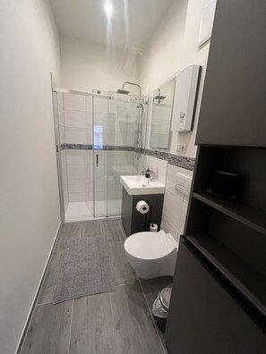 Douche, séchoir à cheveux, serviettes fournies, savon