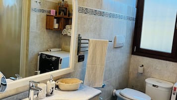 Shower, hair dryer, bidet, towels
