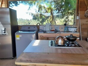 Fridge, stovetop, blender, cookware/dishes/utensils