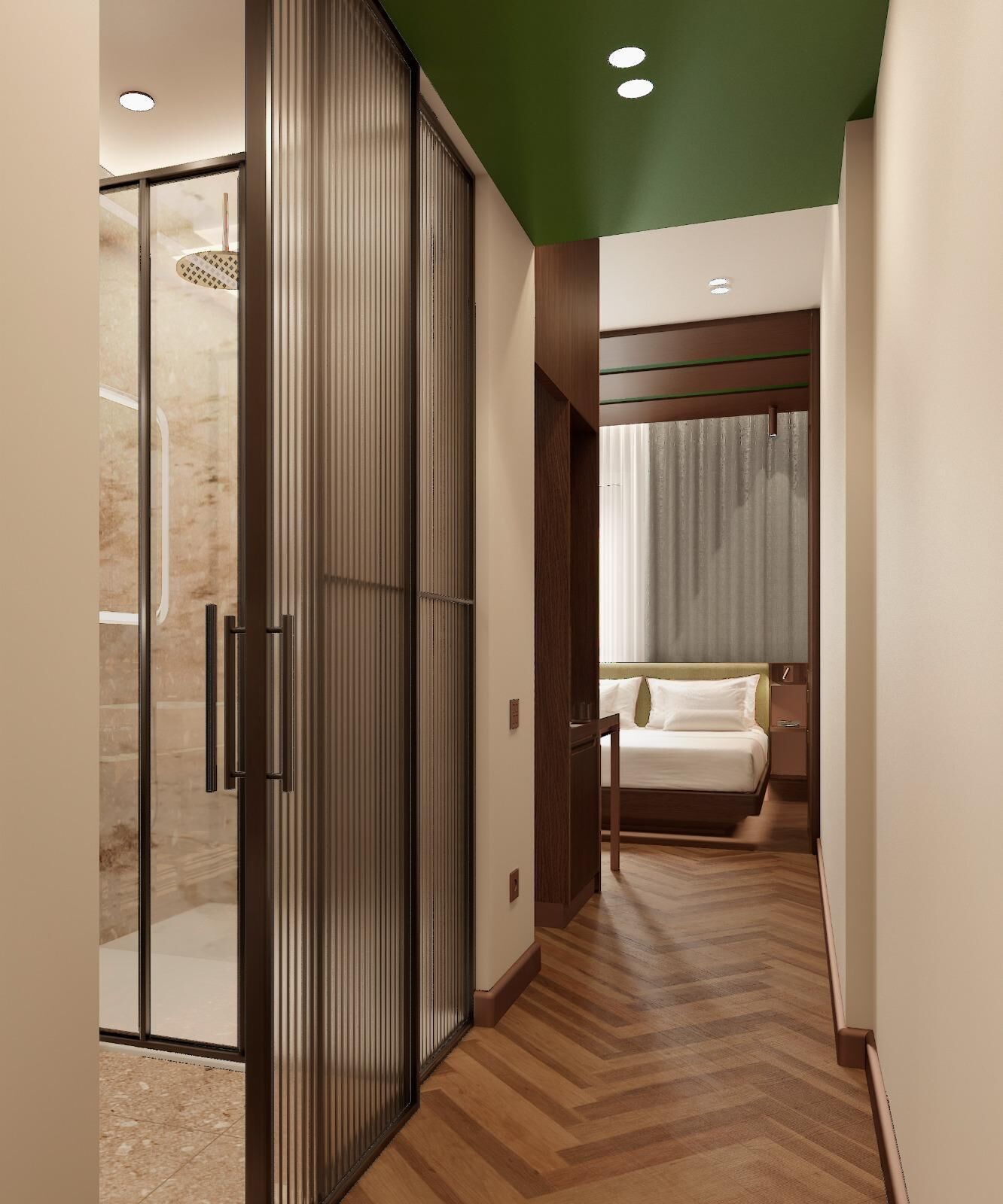 Habitación de hotel con puerta corredera de vidrio que da a una zona de ducha, cama con cabecero blanco y suelo con estampado de espiga.