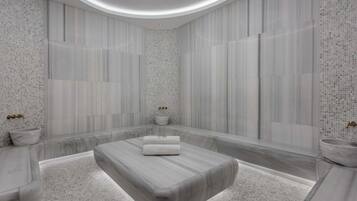 Sauna, steam room, body treatments, deep-tissue massages