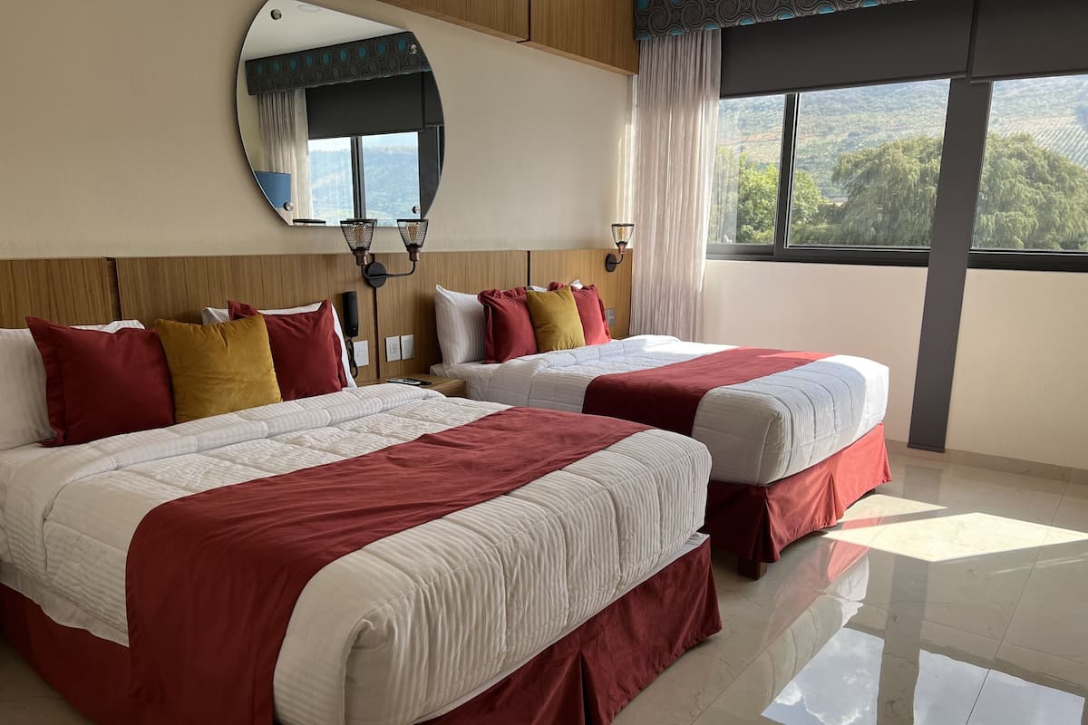 Habitación de hotel con dos camas, un espejo grande y vista al exterior.