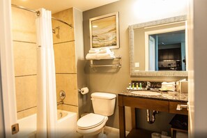Bathroom features a shower, toilet, and sink with a mirror and toiletries.