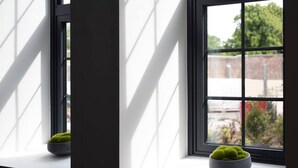 A window with a view of greenery outside, a small potted plant on the windowsill, and a window frame.