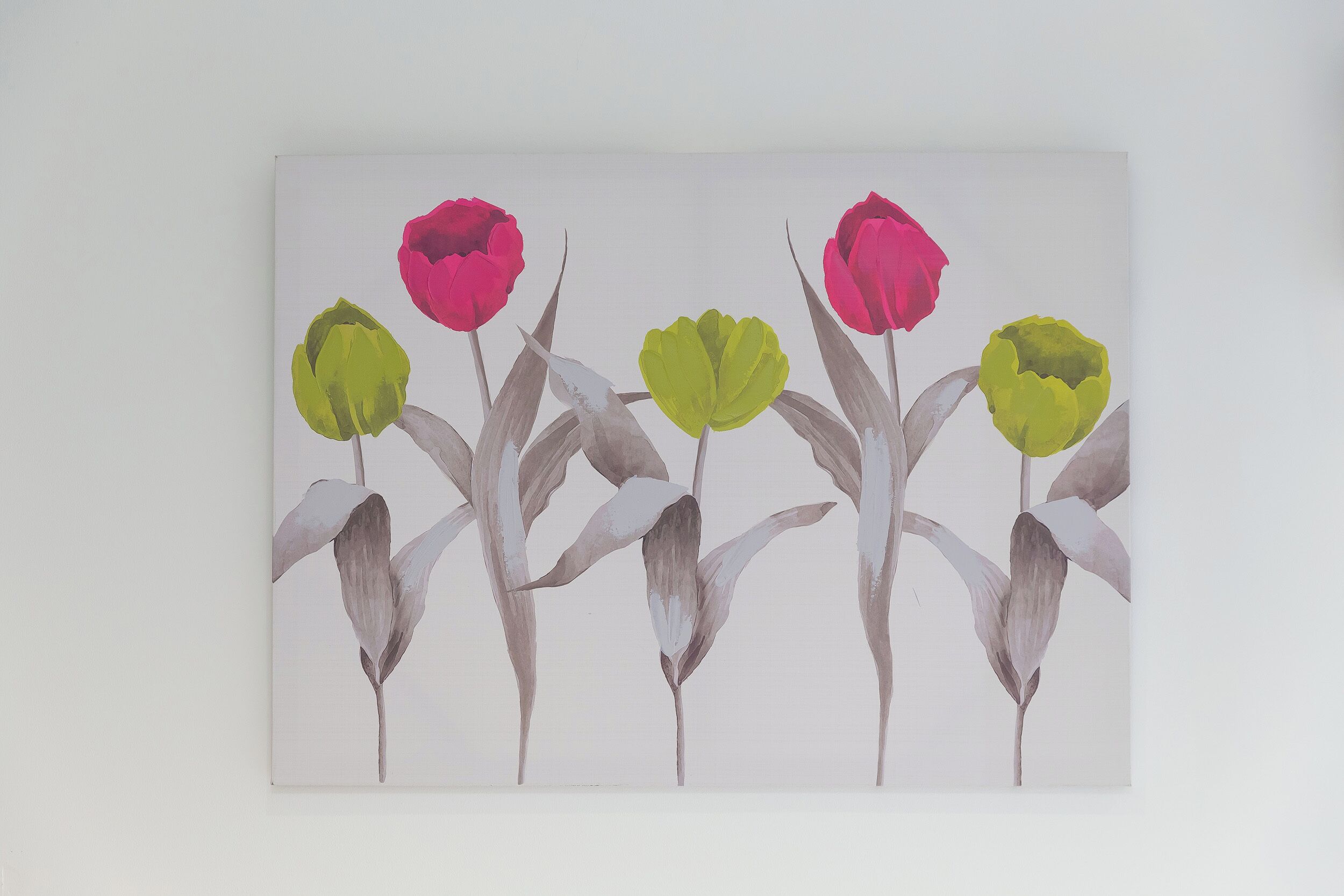 A painting of flowers with five blooms in different colors.