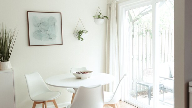 A dining area with a round table, white chairs, a framed artwork, and hanging planters. - Beautiful & Bright Townhome (Westerville)