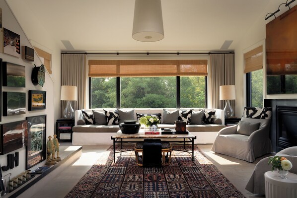 Smart TV, fireplace, DVD player, books