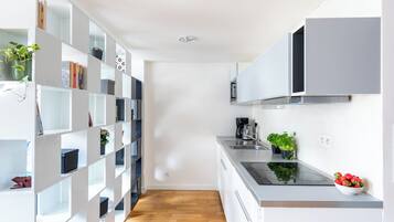 Deluxe appartement | Privékeuken | Een koelkast, een magnetron, een kookplaat, een waterkoker