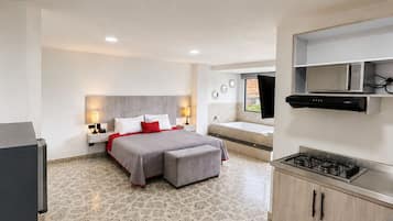 Appartement Deluxe, bain à remous, vue ville | Literie de qualité supérieure, couette en duvet d'oie, minibar