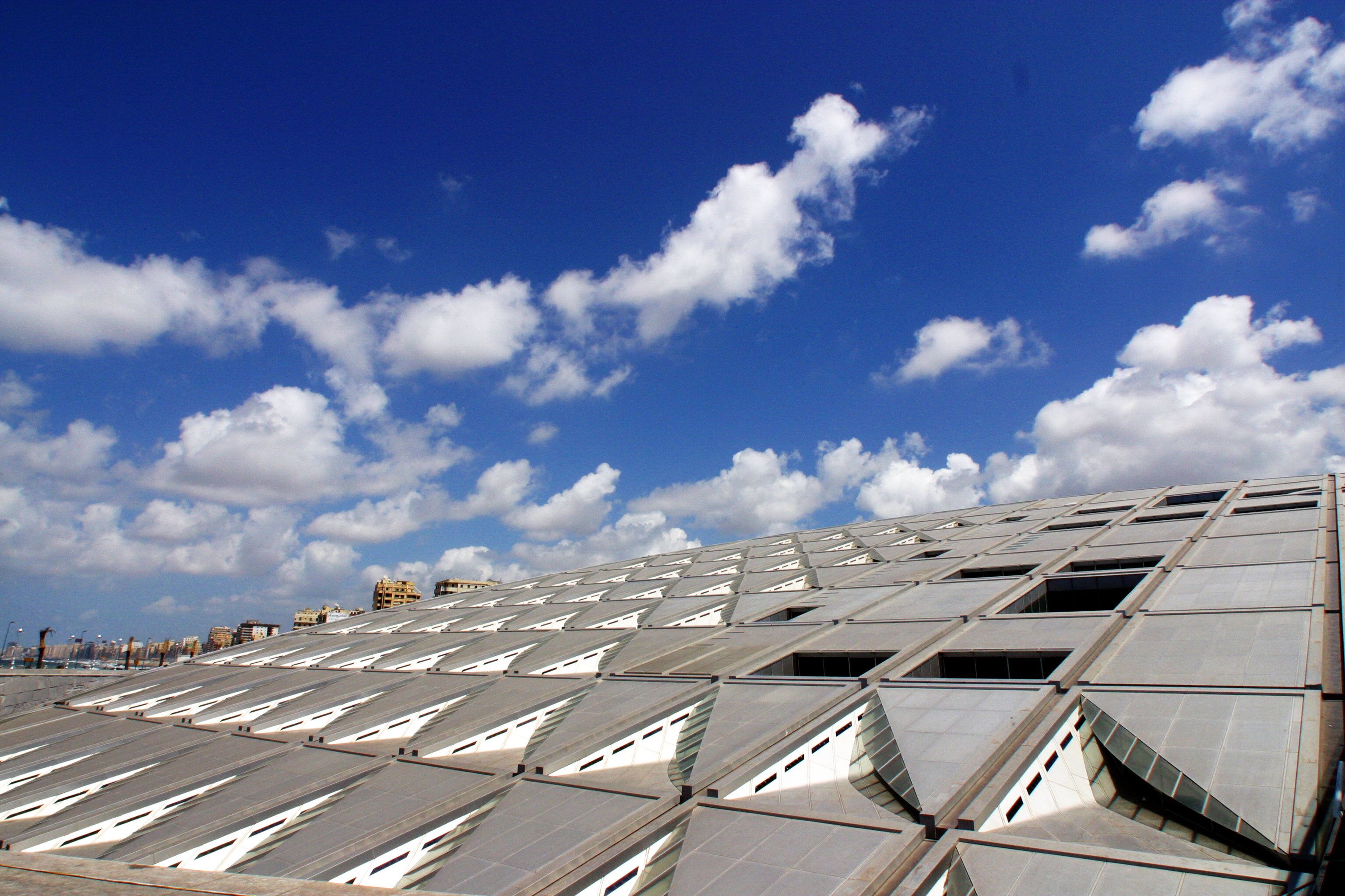 A modern building with a geometric facade and multiple skylights.