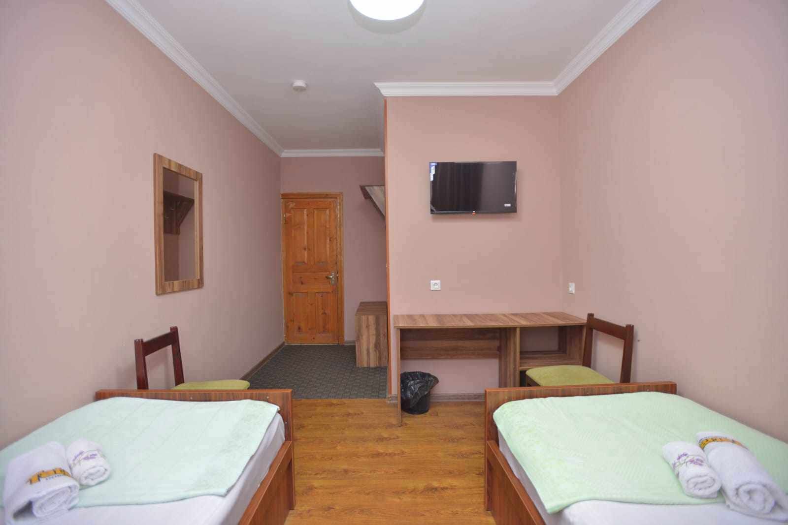 A room with two beds, a desk, a television, and a door.