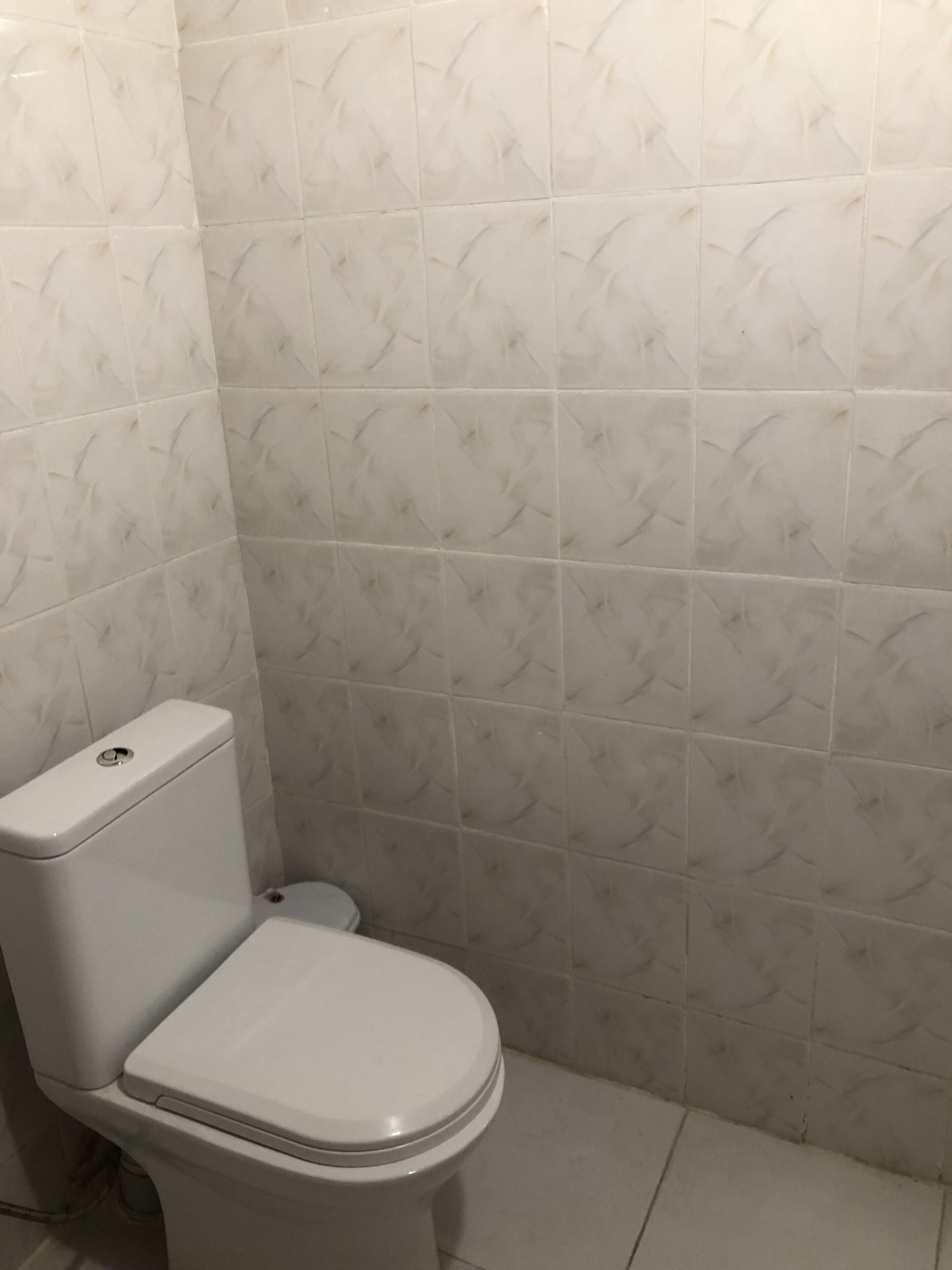 Un baño con inodoro y paredes cubiertas con un diseño de rombos.