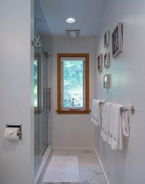 Hair dryer, towels, soap, toilet paper