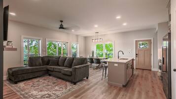 TV connectée, cheminée, livres