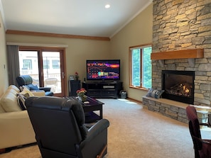 Smart TV, fireplace, video games, DVD player
