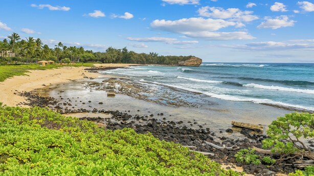 Ein Strand mit klarem, blauem Wasser, einer felsigen Küste und üppiger Vegetation.