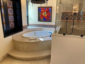 Jetted bath, hair dryer, towels, soap