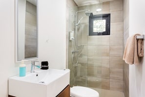 Douche, sèche-cheveux, serviettes fournies, savon
