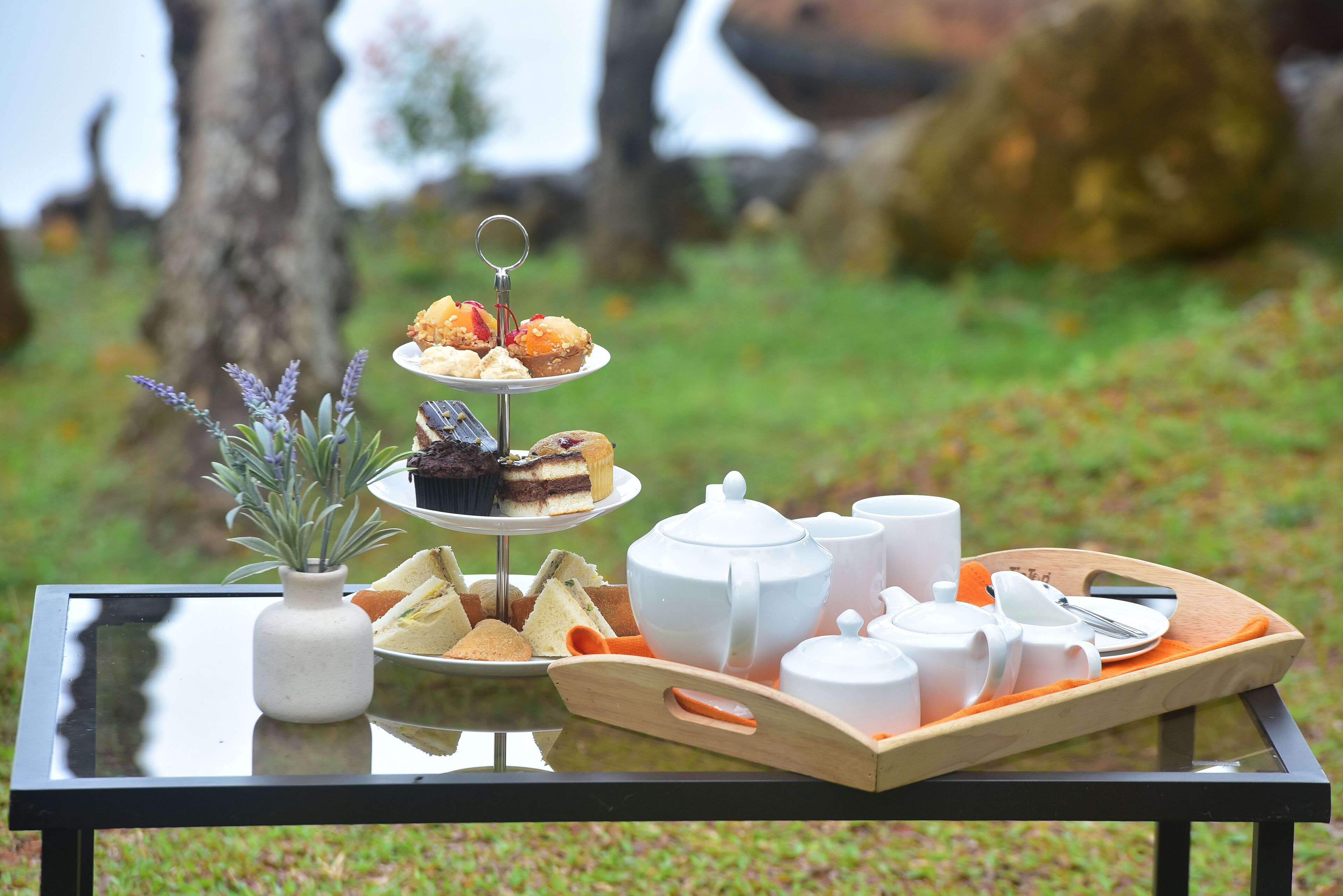 A tray with sandwiches, a teapot, cups, and a vase with flowers on a glass table outdoors.