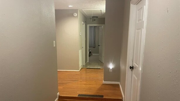 Un couloir doté d’un plancher en bois, d’une porte blanche et d’un luminaire au plafond.