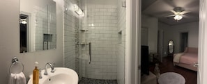Jetted tub, hair dryer, towels, soap