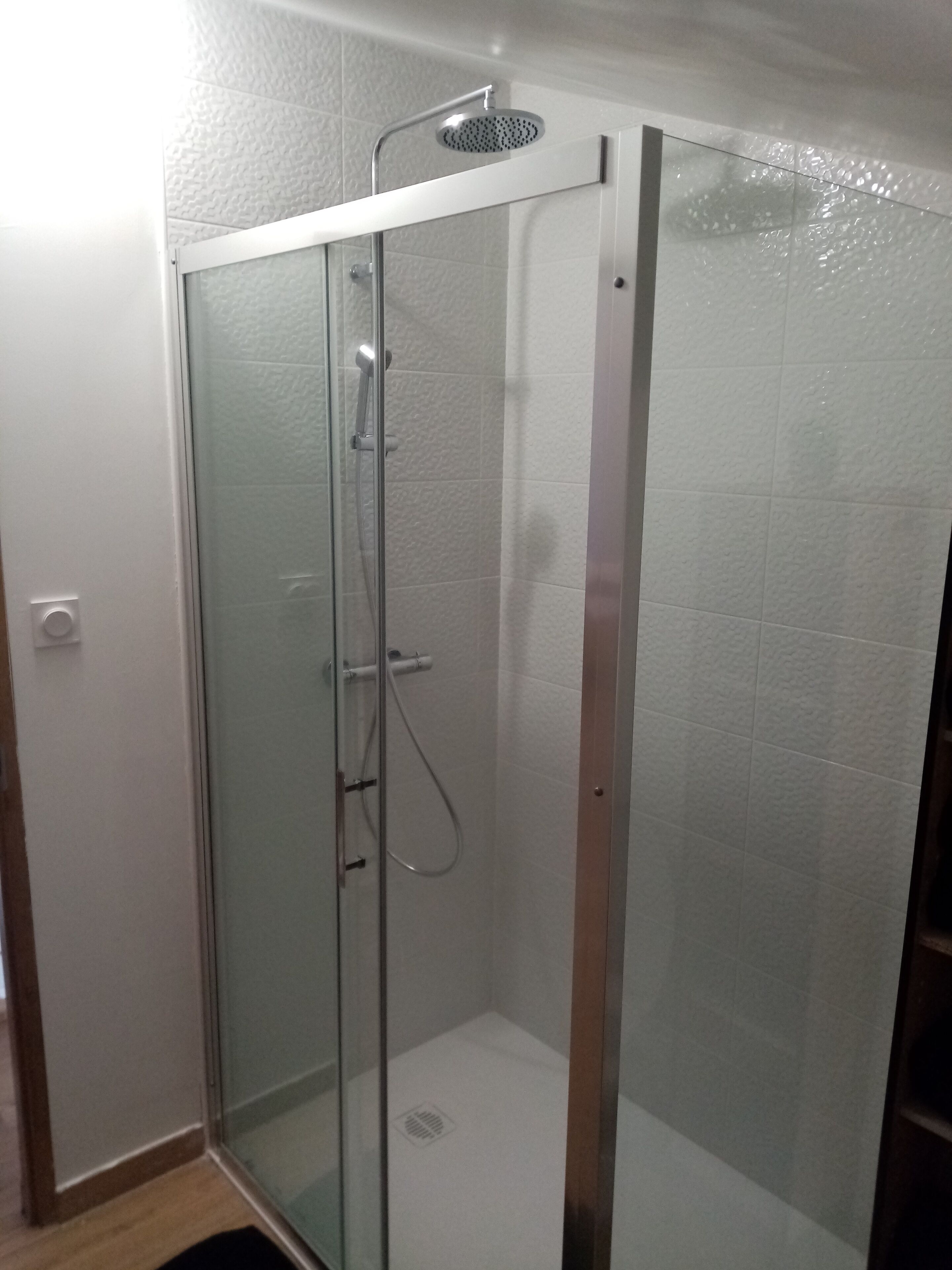 A glass-enclosed shower stall with a handheld showerhead and a wall-mounted faucet.