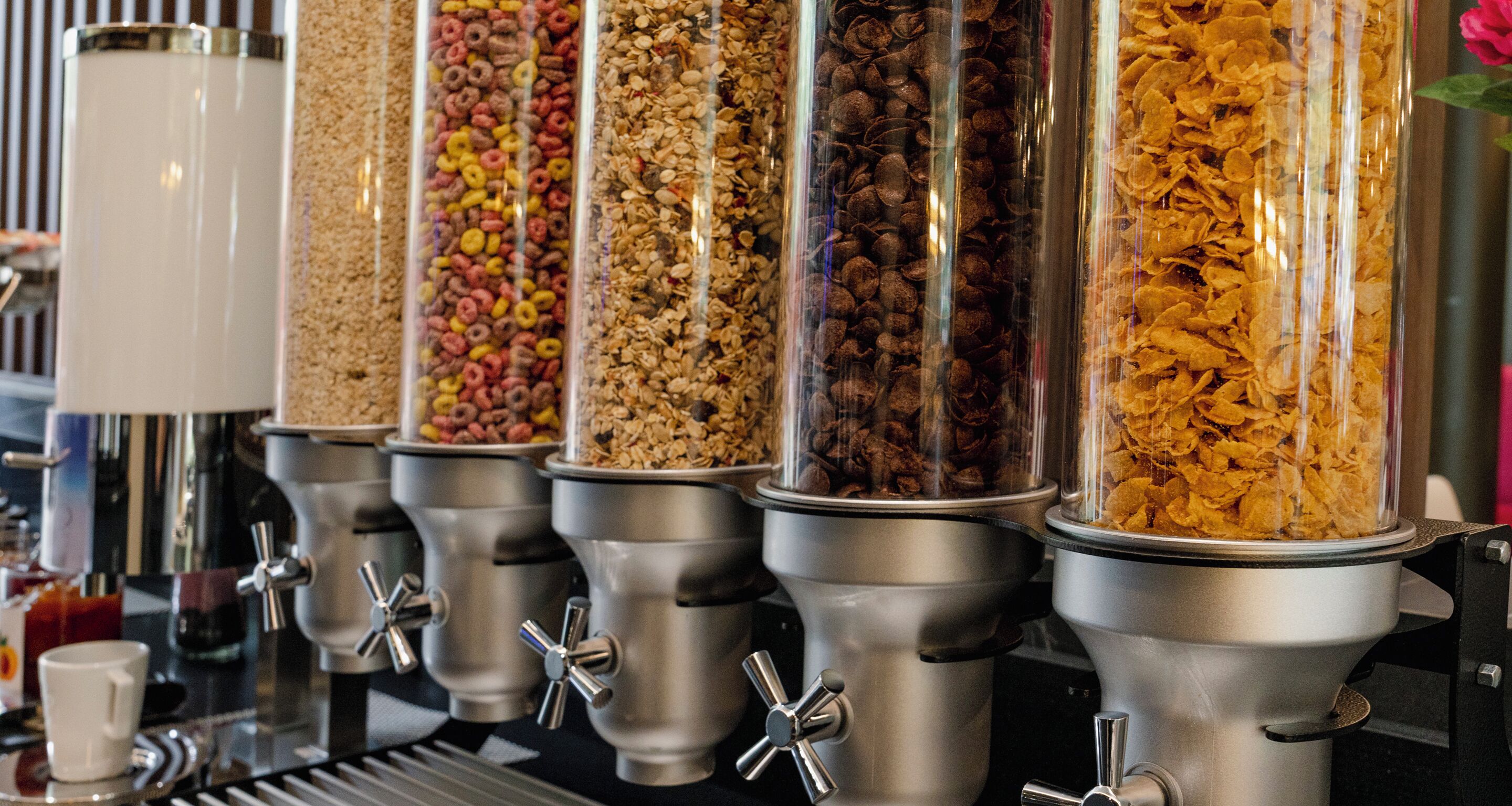 A row of cereal dispensers with various grains and flakes.