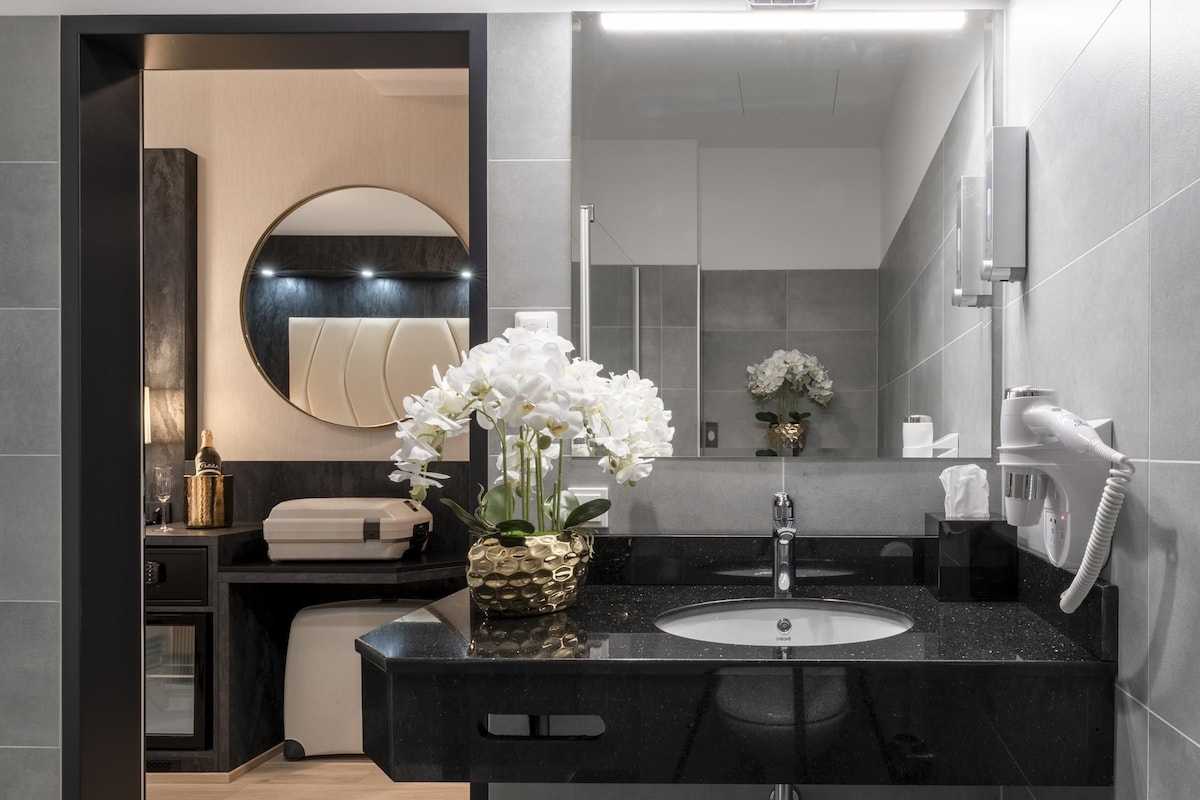 Shower, rainfall showerhead, hair dryer, bathrobes