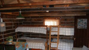 A rustic cabin interior with two bunk beds, a dining table with chairs, a small table with a plant, and a wooden ladder.